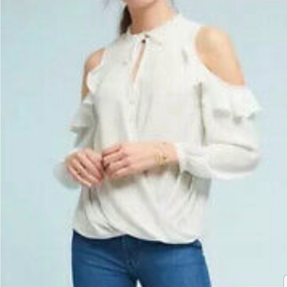 Anthropologie Maeve Liesel Mint Green Ruffled Cold Shoulder Ruffle Top